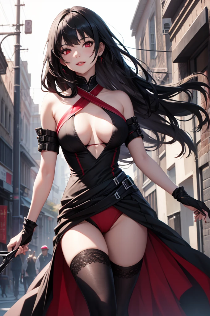 最high resolution,high resolution,Legendary Assassin, Beautiful age Woman,Small breasts, Complicated Dress, Fearless smile, Red lips, Black Hair(Gradation), Red eyes, realism, Digital Painting, Concept Art, Smooth, Sharp focus, Three-part method, Style Psycho