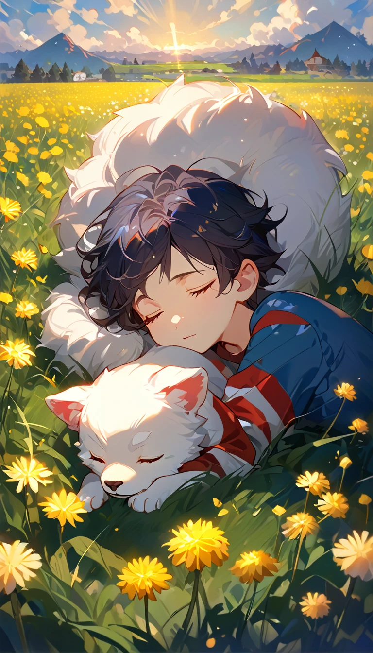 masterpiece, best quality, 8k, 4k, 1boy, sleeping, dark blue hair with red stripes, blue long sleeve shirt, short pale brown pants with pocket, lay down on the field, a small white furry puppy sleeping next to the boy, cute round siberian white puppy, white dandelions fields, dandelions Taraxacum erythrosperm, wind blowing, sleeping on the fields, finely detailed eyes and detailed face, inspired by Asukaziye artist : ask, art style : ask