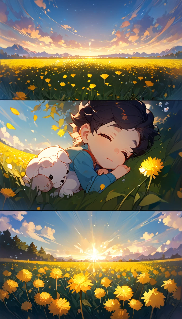 masterpiece, best quality, 8k, 4k, 1boy, sleeping, dark blue hair with red stripes, blue long sleeve shirt, short pale brown pants with pocket, lay down on the field, a small white furry puppy sleeping next to the boy, cute round siberian white puppy, white dandelions fields, dandelions Taraxacum erythrosperm, wind blowing, sleeping on the fields, finely detailed eyes and detailed face, inspired by Asukaziye artist : ask, art style : ask