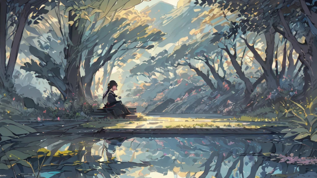 (Numerous award-winning masterpieces, with incredible details), Ultra HD, 8K, (A majestic sight), (1girl standing in), (summer wooden house: 1.5), (one girl sitting in the garden: 1.5), japanese cutie, japanese school girl, fantasy deep background, dynamic pose, looking afar, extreamly detailed robe