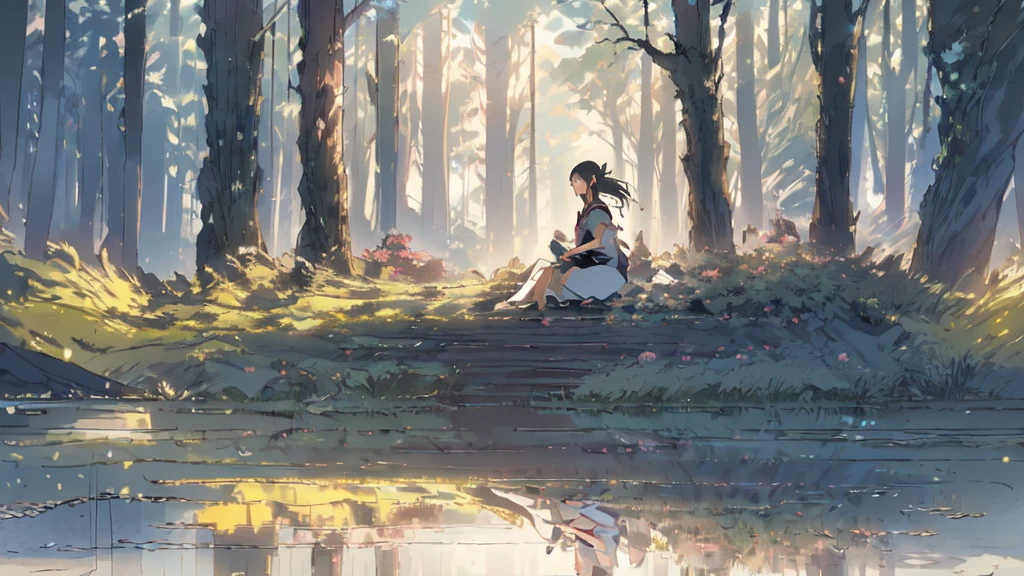 (Numerous award-winning masterpieces, with incredible details), Ultra HD, 8K, (A majestic sight), (1girl standing in), (summer wooden house: 1.5), (one girl sitting in the garden: 1.5), japanese cutie, japanese school girl, fantasy deep background, dynamic pose, looking afar, extreamly detailed robe