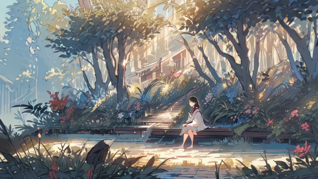 (Numerous award-winning masterpieces, with incredible details), Ultra HD, 8K, (A majestic sight), (1girl standing in), (summer wooden house: 1.5), (one girl sitting in the garden: 1.5), japanese cutie, japanese school girl, fantasy deep background, dynamic pose, looking afar, extreamly detailed robe