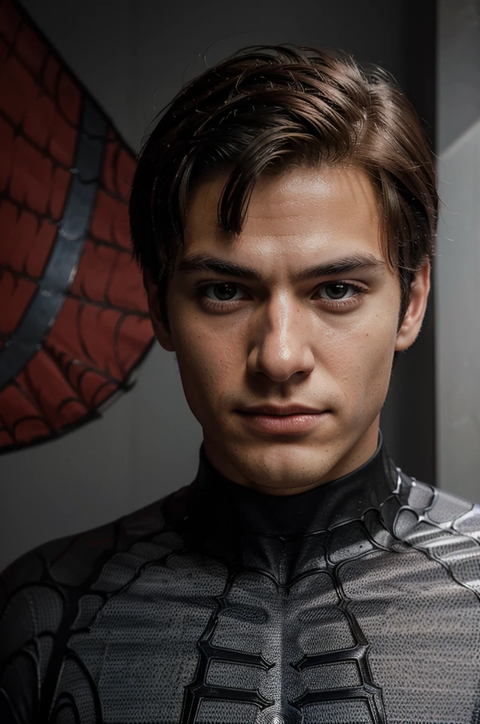 A photograph of spider man, no mask, 20 yo, handsome, detailed face, looking at camera, portrait, 8k uhd, high quality