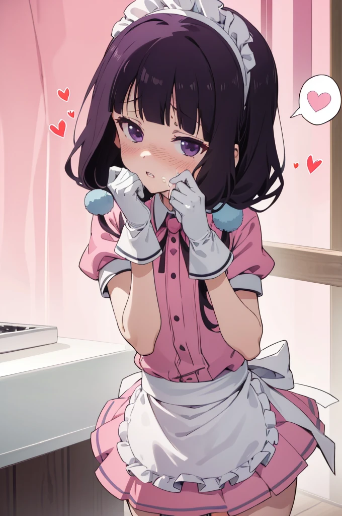 (((picture perfect))), (absurdres), 1girl, solo, maika sakuranomiya, maid, maid headdress, waist apron, (pink shirt, pink skirt:1.2), short sleeves, white gloves, looking at viewer, shaded face, disgusted, parted lips, cafe,,spoken heart,6yo,(petite),(nsfw,cum:1.2)