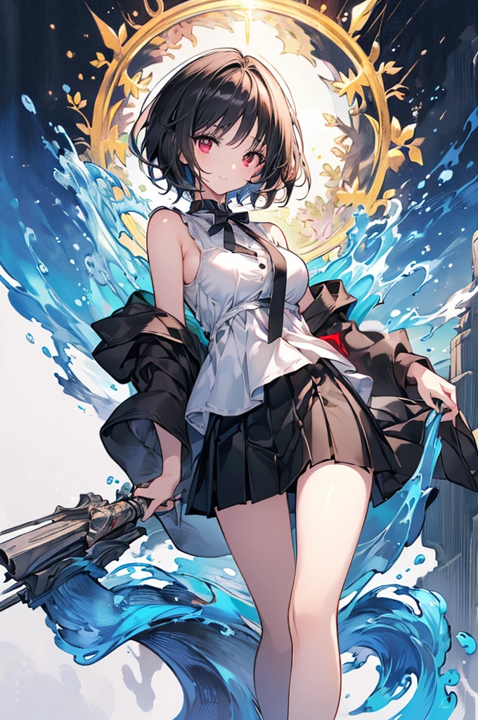 (masterpiece, Highest quality, Highest quality, (No text), beautifully、aesthetic:1.2),No text,anime、 High resolution　break,One Girl，Short black hair　Tree Eyes　Beautiful Eyes　Red eyes　beautiful girl　nice　smile　Black coat　mini skirt　Whole body　Night view　Detailed eyes and face