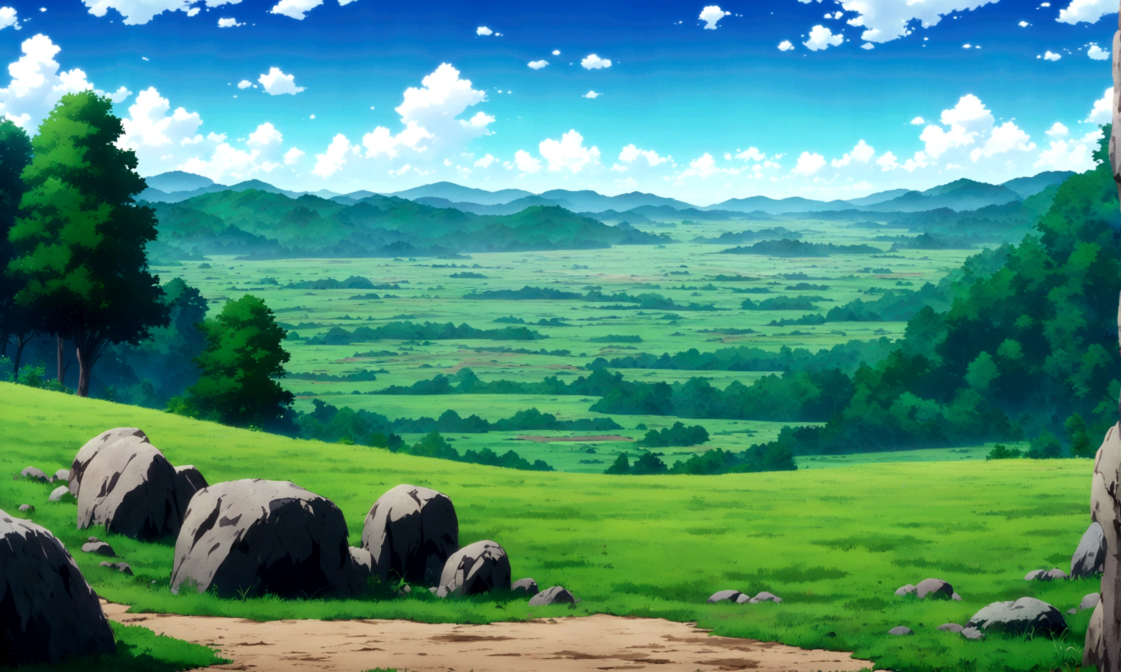 
anime - style painting of a grassy field with rocks, anime countryside landscape, anime landscape, anime landscape wallpaper, anime background art, beautiful anime scenery, anime background, anime beautiful peace scene, anime scenery, anime movie background, anime nature, anime scenery concept art, colorful anime movie background, beautiful anime scene, anime scene, beautiful landscape background