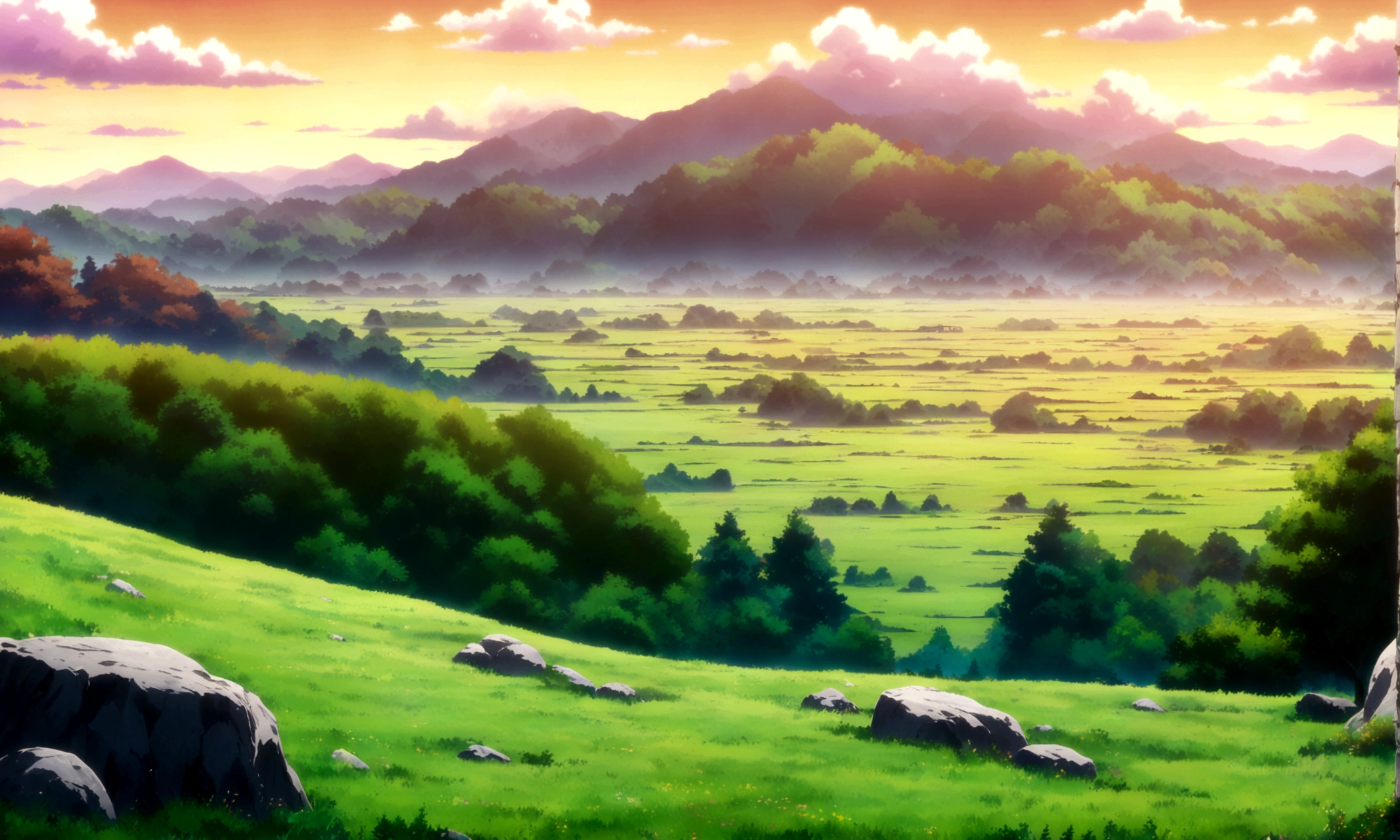 anime - style painting of a grassy field with rocks, anime countryside landscape, anime landscape, anime landscape wallpaper, anime background art, beautiful anime scenery, anime background, anime beautiful peace scene, anime scenery, anime movie background, anime nature, anime scenery concept art, colorful anime movie background, beautiful anime scene, anime scene, beautiful landscape background
