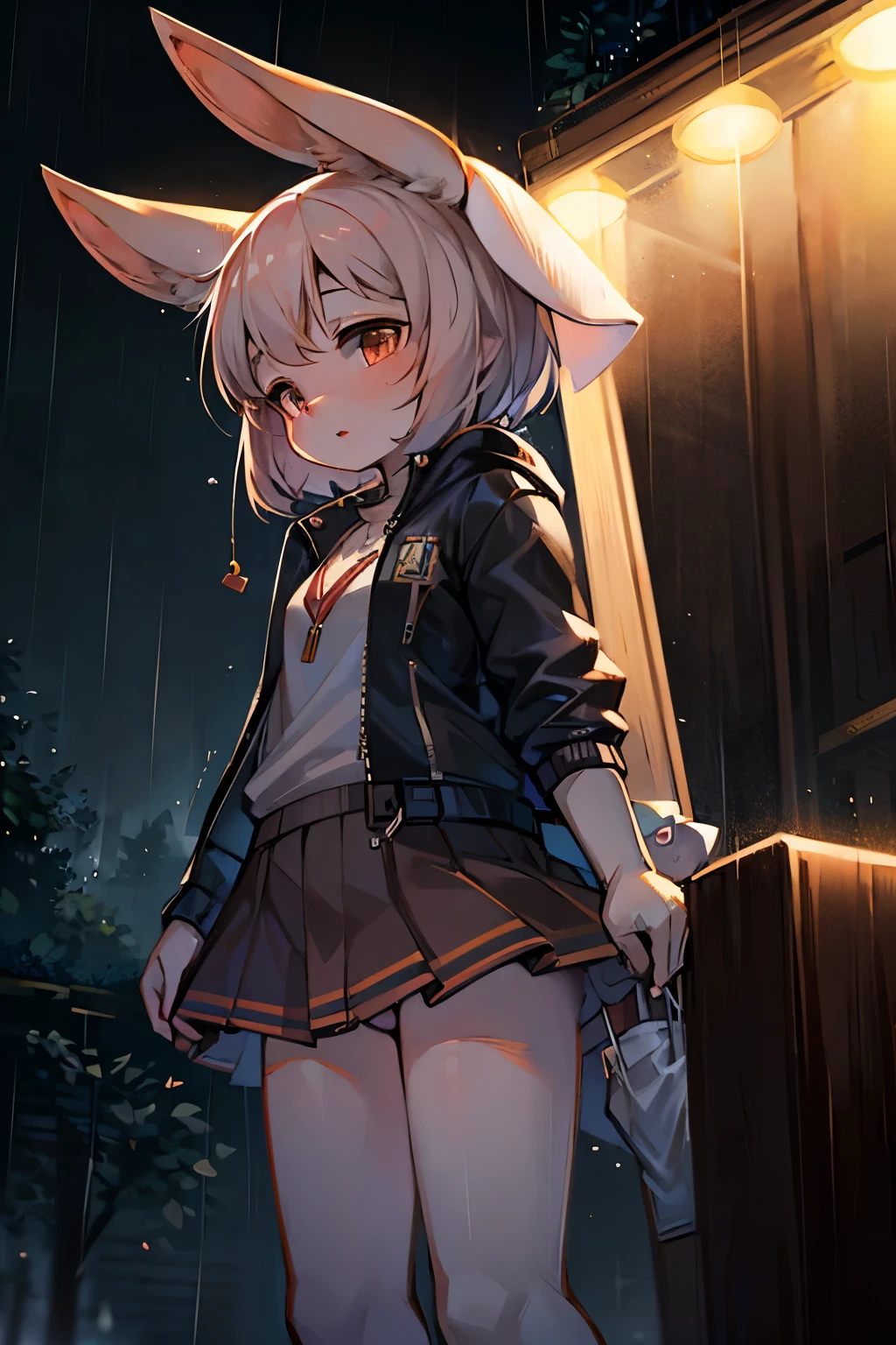 Raining background，Bunny Girl，Rabbit with long ears，Furry women，Characteristics of -year-girlsort stature，Summer short sleeves with jacket，Short skirt，Umbrella
