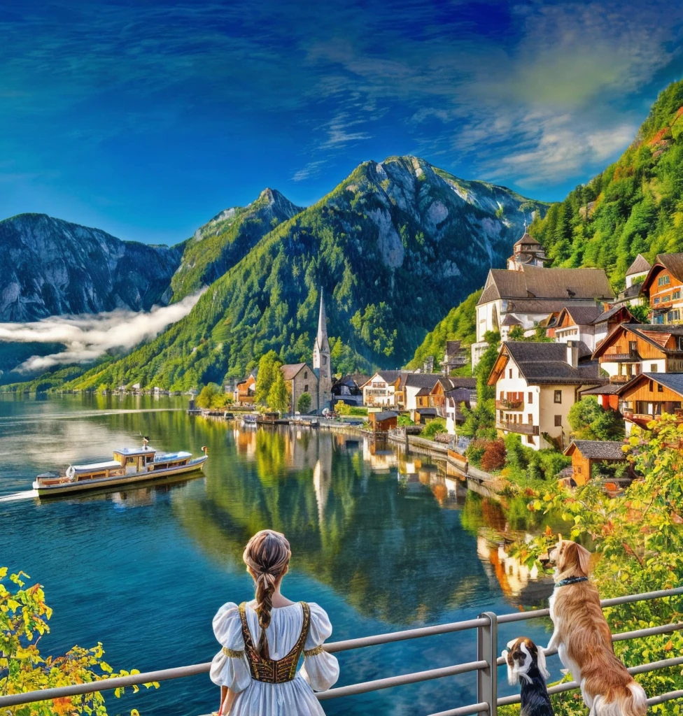 there is a woman and a dog looking at a lake, beautiful place, beautiful small town, realistic photo of a town, beautiful scenic view, fairy tale place, beautiful high resolution, very beautiful scenery, of a small village with a lake, highly detailed beautiful, wow it is beautiful, very very beautiful scenery, epic beautiful landscape, breathtaking scenery, beautiful landscape, breathtaking landscape