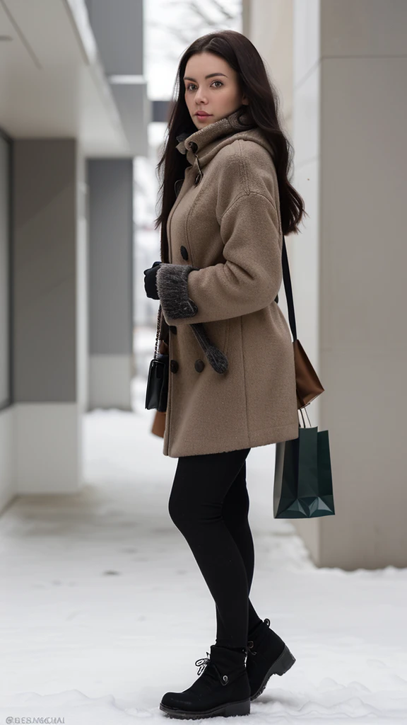 Woman, full length, walking, dressed in stylish winter clothing, detailed face, dark hair, returning from shopping, detailed face, taking photo from side.