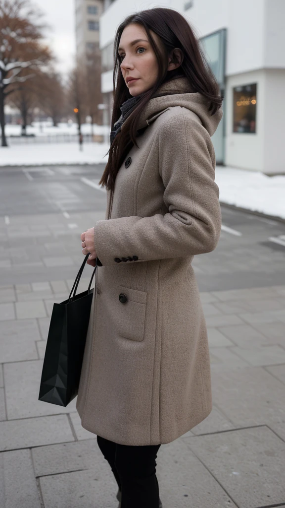 Woman, full length, walking, dressed in stylish winter clothing, detailed face, dark hair, returning from shopping, detailed face, taking photo from side.