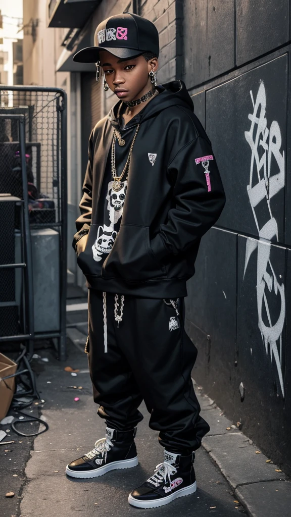 Create an image of a baby cat styled as a hip-hop rapper with a street gang appearance. The cat should have a confident and cool demeanor. Dress the cat in loose-fitting pants that sag slightly, and work boots. Add a skull necklace around its neck and an earring in one ear. The overall look should be edgy and urban, blending the cute features of a baby cat with the tough, stylish elements of a street rapper. The background should be a gritty urban setting, such as a graffiti-covered alleyway or a city street at night, to enhance the street gang vibe. The colors should be bold and vibrant, reflecting the dynamic and energetic nature of hip-hop culture.