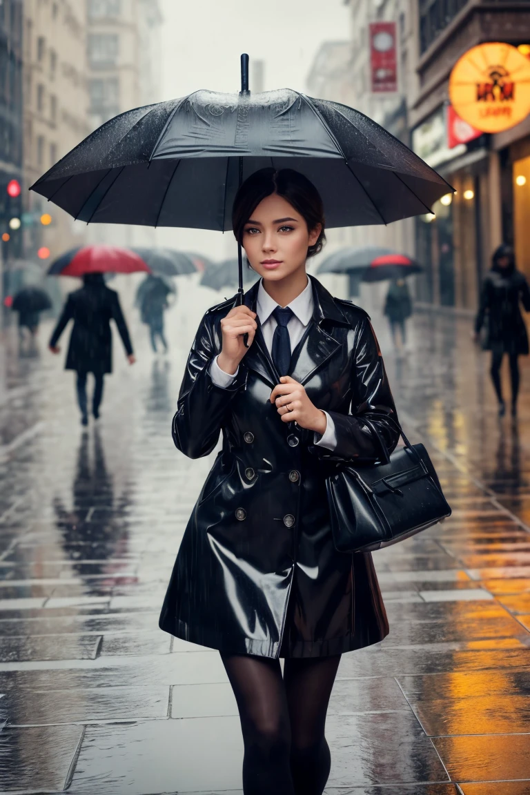 high quality, masterpiece, beautiful, photorealistic, 1 person, woman, holding umbrella, outdoor, rainy day, city street, detailed facial features, expressive eyes, elegant hairstyle, detailed clothing, colorful umbrella, puddles on ground, reflections, dramatic lighting, cinematic mood