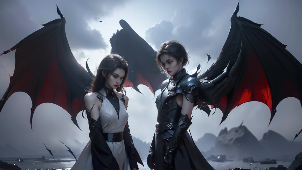 full body picture of couple, The lost god, Angel Wings and Demon Lord Wings, Sky battle of gods and devils, (Realistic picture, highest resolution, 16K), (A demon god with wide wings and enormous power on his shoulders..., Twelve wings on the shoulders., black bat wings:1.3 white angel wings:1.5), long hair, Thick hair, Two meters long, floor length, (สาวสวยlong hairสองเมตร, shiny black hair, Smooth white skin, very red lips), ((stand, already)), (หน้าอกbig, หัวbig tits), (gigantic breast, small waist, hips raised, small thighs, Long legs), (dynamic poses), Separate theme, (Angel wings and devil wings), floating in the air above the ground, background darkness, Embraced with twelve wings, ปีกSeparate themeชัดเจน, Angel wings and devil wings, white and black wings, ทรงสวมมงกุฏขนาดbig, The busiest breasts, big , Porn, just, exposed body, tight, All smooth., see the whole body, full body image, War of Gods and Demons