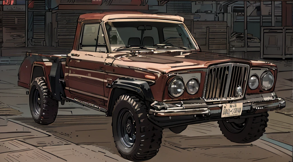 ((Best Quality)), ((masterpiece)), Highly detailed, 8K, red 6x6 heavy pickup truck, red dirty matte paint, square headlights, boxy angles, boxy 80s design, square headlights, (peterbilt influence:0.7), bright showroom, plain mesa background, cel-shaded, line art, bold black outlines, comic style, inkpunk, bright photoshoot lighting, ((isometric symmetry:1.2))