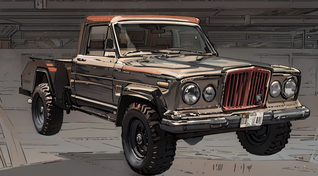 ((Best Quality)), ((masterpiece)), Highly detailed, 8K, red 6x6 heavy pickup truck, red dirty matte paint, square headlights, boxy angles, boxy 80s design, square headlights, (peterbilt influence:0.7), bright showroom, plain mesa background, cel-shaded, line art, bold black outlines, comic style, inkpunk, bright photoshoot lighting, ((isometric symmetry:1.2))