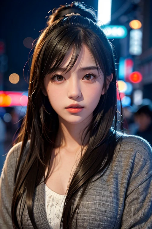 1girl, Tokyo street,night, cityscape,city lights, upper body,close-up, 8k, RAW photo, best quality, masterpiece,realistic, photo-realistic,