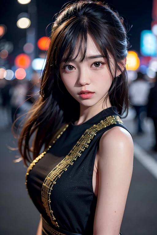 1girl, Tokyo street,night, cityscape,city lights, upper body,close-up, 8k, RAW photo, best quality, masterpiece,realistic, photo-realistic,