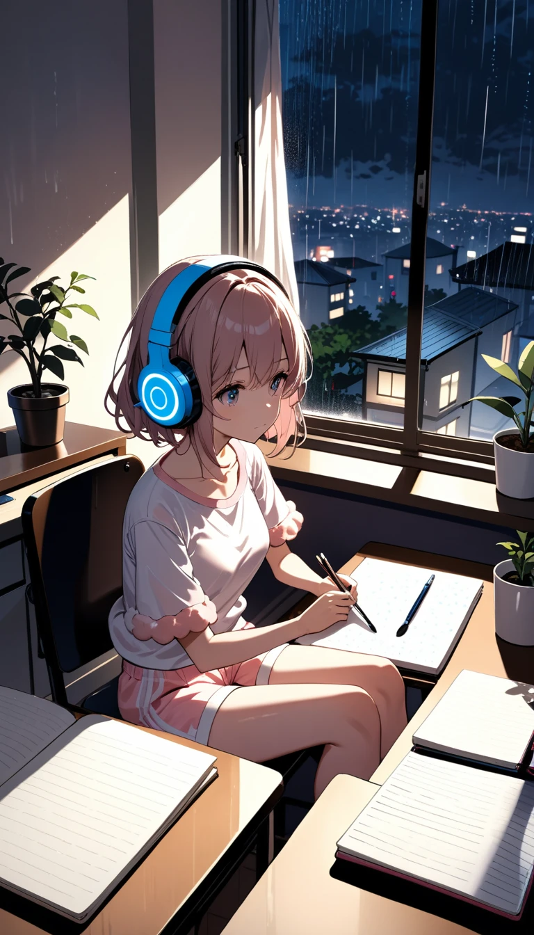 In a cozy room with a beautiful city night raining outside view, a girl with bob hair and light pink fluffy short-sleeved shorts is lost in thought as she gazes at the view. She is relaxing with large headphones on. A glimpse of the room from the balcony reveals a study room with a calm atmosphere lit by a desk lamp. There are notebooks, writing utensils, and a potted plant on the desk. It is raining outside.