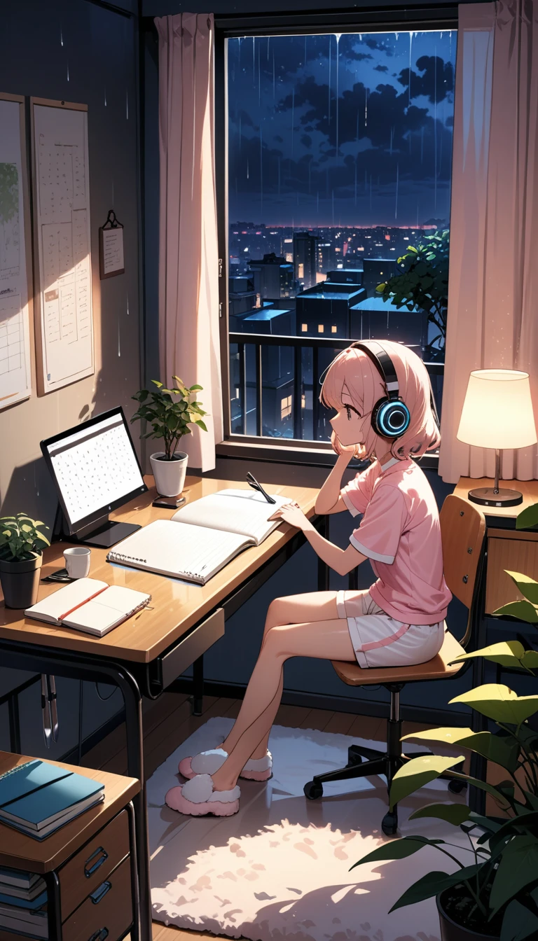 In a cozy room with a beautiful city night raining outside view, a girl with bob hair and light pink fluffy short-sleeved shorts is lost in thought as she gazes at the view. She is relaxing with large headphones on. A glimpse of the room from the balcony reveals a study room with a calm atmosphere lit by a desk lamp. There are notebooks, writing utensils, and a potted plant on the desk. It is raining outside.
