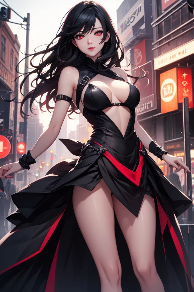 最high resolution,high resolution,City of night,Legendary Assassin, Beautiful age Woman,Small breasts, Complicated Dress, Fearless smile, Red lips, Black Hair(Gradation), Red eyes, realism, Digital Painting, Concept Art, Smooth, Sharp focus, Three-part method, Style Psycho