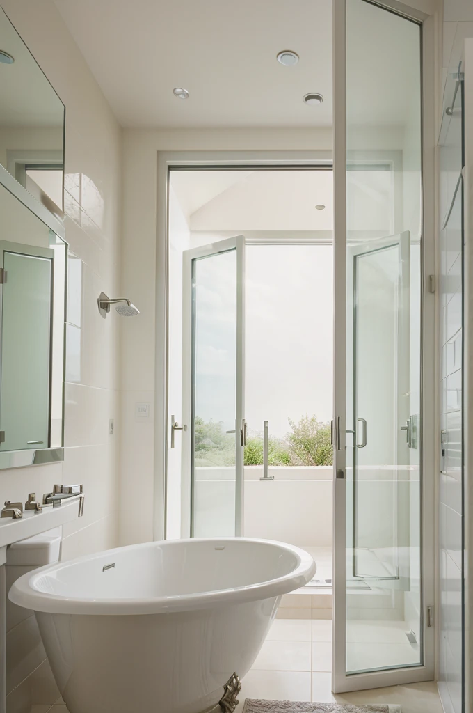 A window on the outside of a house, through the window a large bathroom can be seen