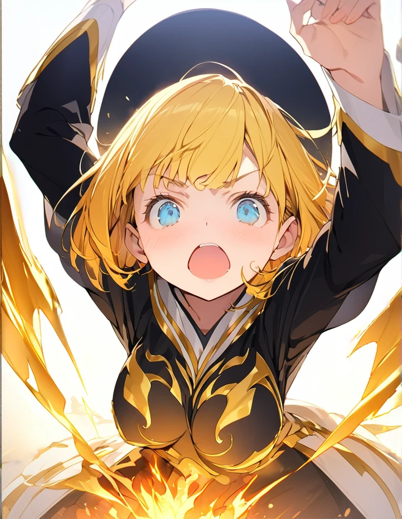 A masterpiece of ultra-precise description of a girl fighting with golden flames (Short Bob Hair:1.4),(blue eyes)Fighting pose Golden flames rise all over　Big 