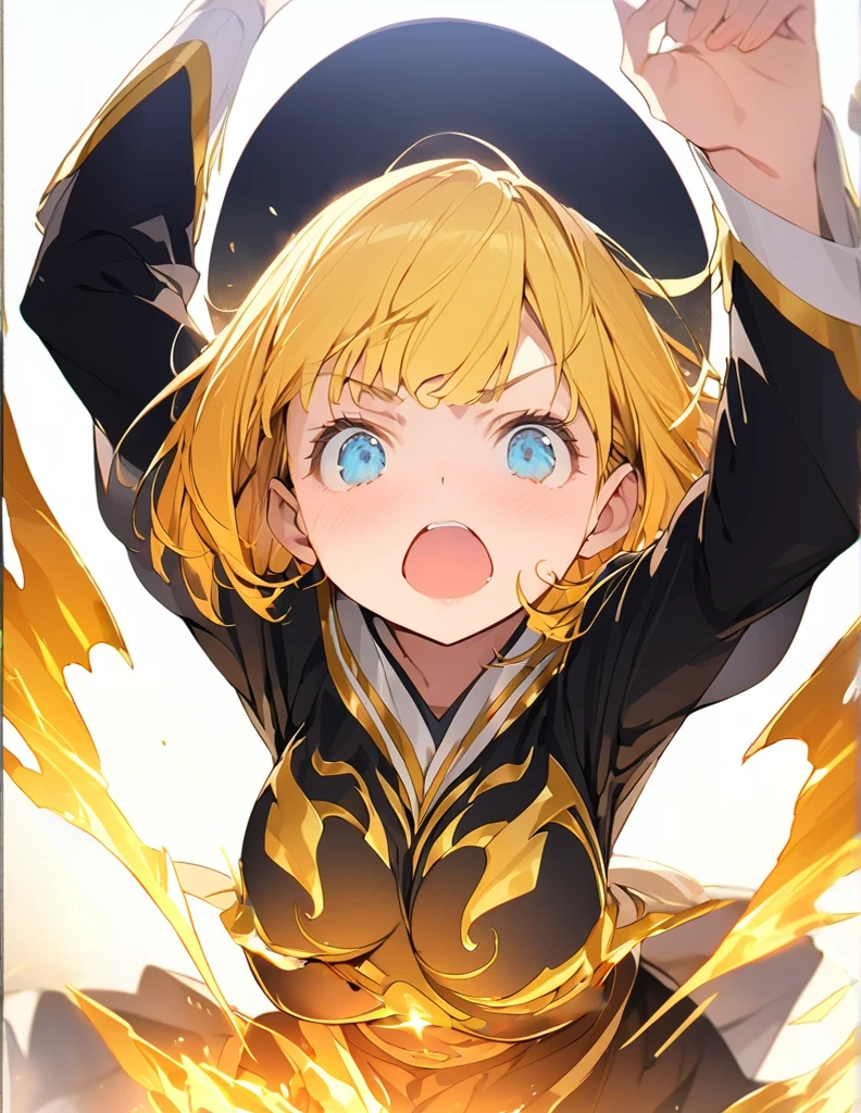 A masterpiece of ultra-precise description of a girl fighting with golden flames (Short Bob Hair:1.4),(blue eyes)Fighting pose Golden flames rise all over Big Breasts