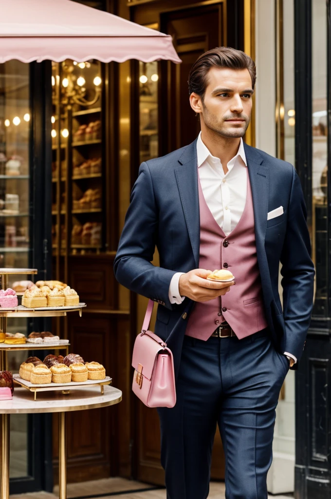 Man in a classic suit, but with a pink handbag buys desserts in a Parisian pastry shop.
