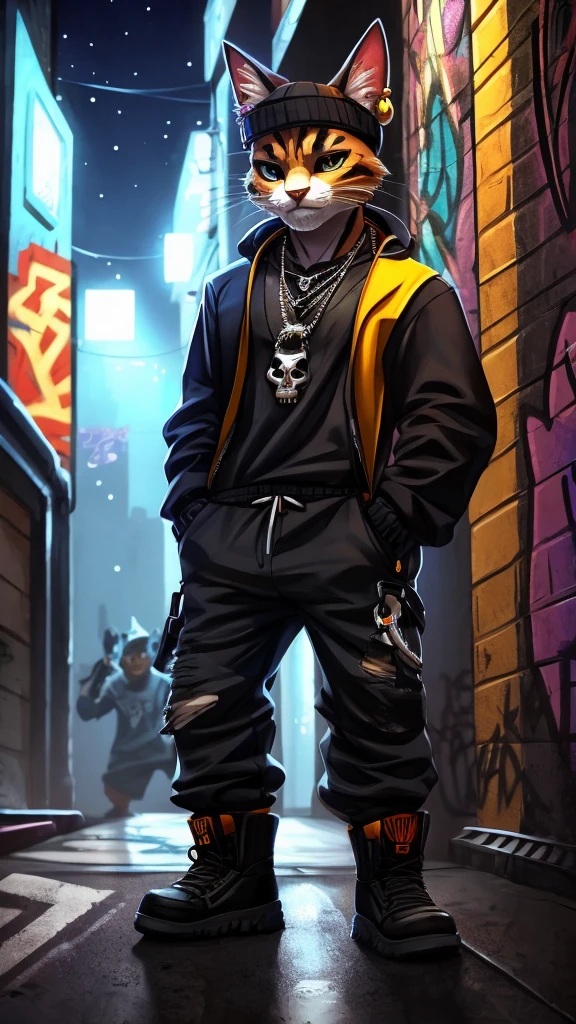 Create an image of a baby cat styled as a hip-hop rapper with a street gang appearance. The cat should have a confident and cool demeanor. Dress the cat in loose-fitting pants that sag slightly, and work boots. Add a skull necklace around its neck and an earring in one ear. The overall look should be edgy and urban, blending the cute features of a baby cat with the tough, stylish elements of a street rapper. The background should be a gritty urban setting, such as a graffiti-covered alleyway or a city street at night, to enhance the street gang vibe. The colors should be bold and vibrant, reflecting the dynamic and energetic nature of hip-hop culture.
