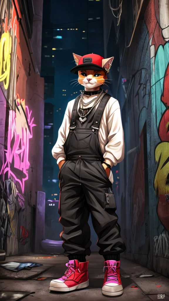 Create an image of a baby cat styled as a hip-hop rapper with a street gang appearance. The cat should have a confident and cool demeanor. Dress the cat in loose-fitting pants that sag slightly, and work boots. Add a skull necklace around its neck and an earring in one ear. The overall look should be edgy and urban, blending the cute features of a baby cat with the tough, stylish elements of a street rapper. The background should be a gritty urban setting, such as a graffiti-covered alleyway or a city street at night, to enhance the street gang vibe. The colors should be bold and vibrant, reflecting the dynamic and energetic nature of hip-hop culture.