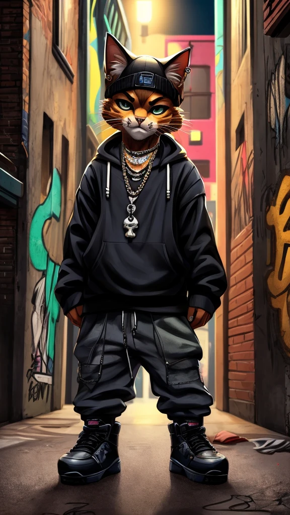 Create an image of a  cat styled as a hip-hop rapper with a street gang appearance. The cat should have a confident and cool demeanor. Dress the cat in loose-fitting pants that sag slightly, and work boots. Add a skull necklace around its neck and an earring in one ear. The overall look should be edgy and urban, blending the cute features of a baby with the tough, stylish elements of a street rapper. The background should be a gritty urban setting, such as a graffiti-covered alleyway or a city street at night, to enhance the street gang vibe. The colors should be bold and vibrant, reflecting the dynamic and energetic nature of hip-hop culture.