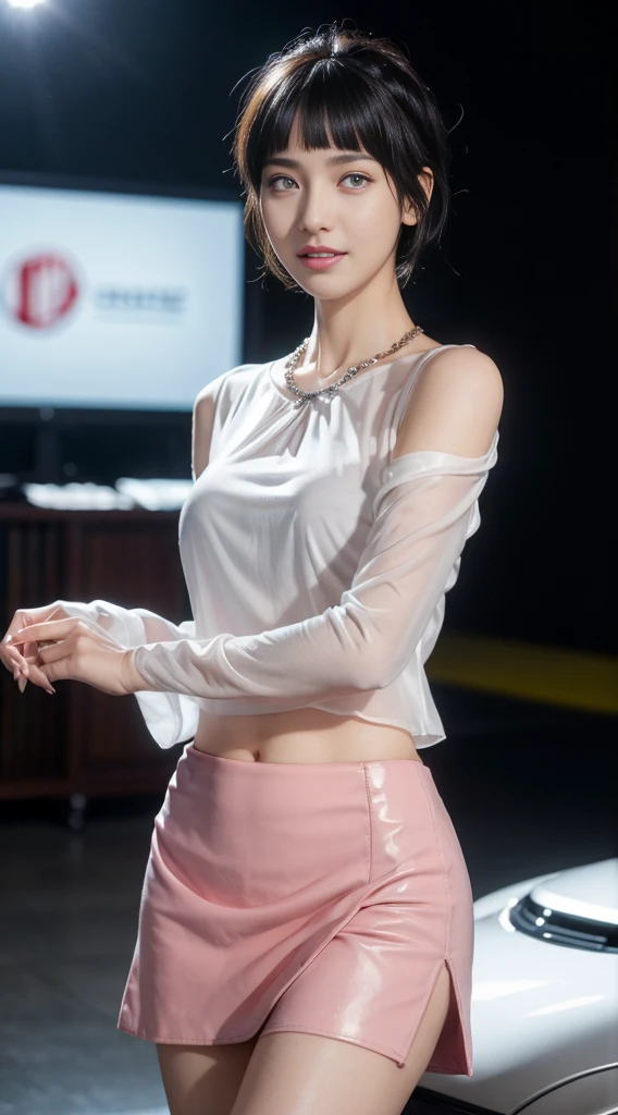 8k, masterpiece, RAW photo, best quality, photorealistic, extremely detailed CG unity 8k wallpaper, Depth of field, Cinematic Light, Lens Flare, Ray tracing, (extremely beautiful face, beautiful lips, beautiful eyes), intricate detail face, ((ultra detailed skin)) 1girl, in the dark, deep shadow, pretty Japan girl, kpop idol,(very slim slender fit-muscled body:1.3), ((looking at viewer)),(big smile:1.3), (night, (neon sign), (blurry background), big buildings, midnight,pretty girl, white diamond earrings, bracelets, necklace, clear eyes, walking , front shot, (pale skin), face forward, (big eyes), full body shot, ((see through blouse)), (hot pink color blouse)), ((laced skirt)), (looking at viewer:1.3), very slim, medium breasts, Hermes bag, tight mini skirt, updo hair, short hair, medium butts, thick thighs, full shot, high heels, long legs