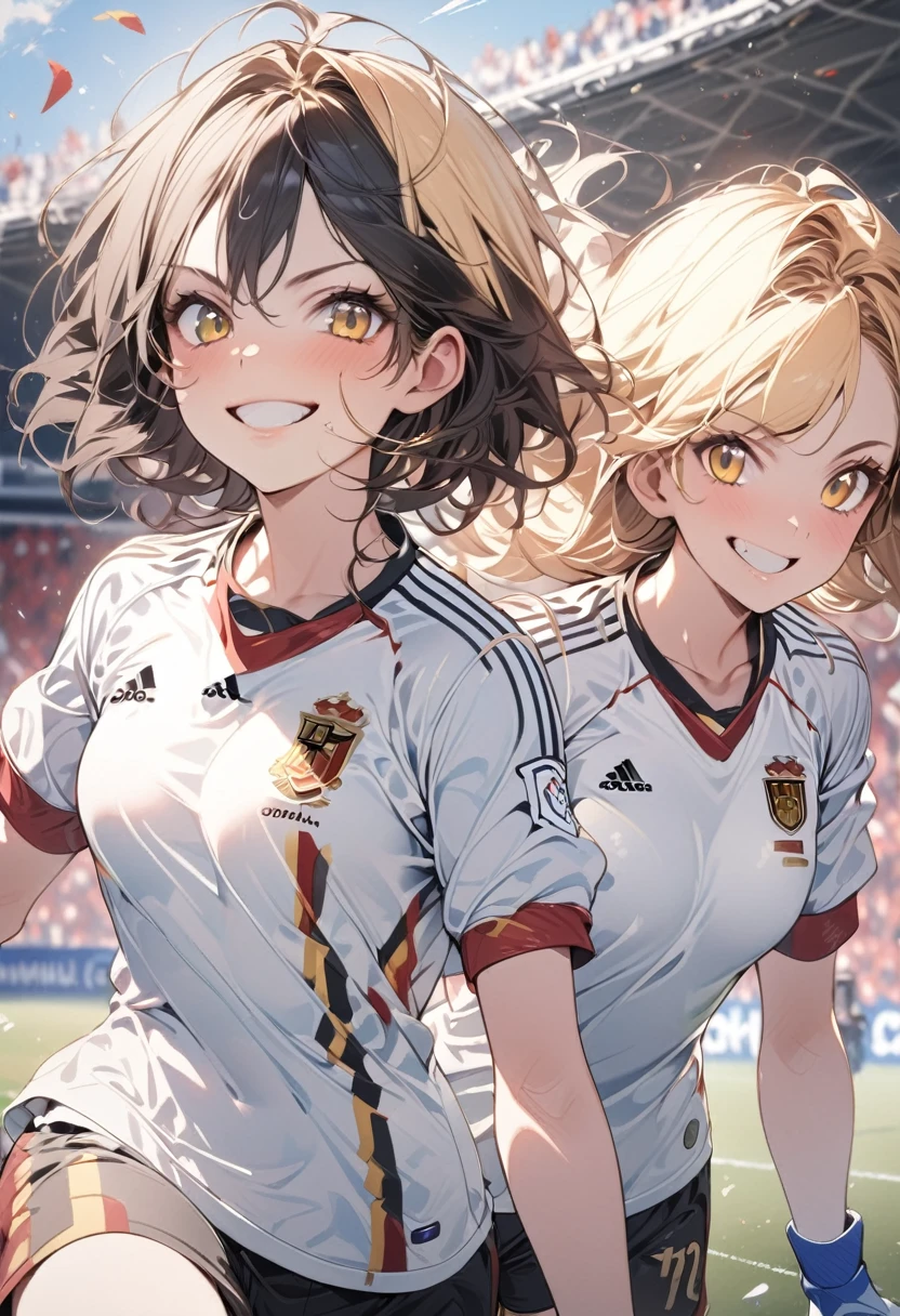 (award winning, 8k, super detailed, high resolution, best quality) , illustration about football, (two girls), girl on the left with blonde hair in ((spain soccer uniform)) and smirk expression, girl on the right with black hair in ((germany soccer uniform)) and (timid expression), (running side by side), ((beautiful girls)), football stadium, competitive spirit atmosphere.