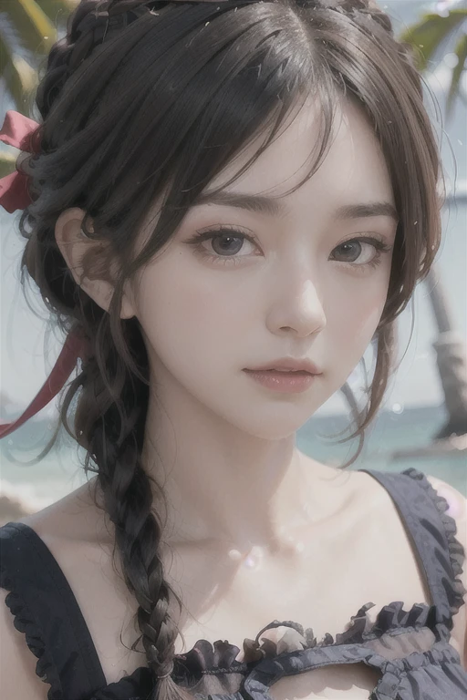 best quality, ultra hi res, photoreaslistic, a photography of a beautiful woman, 30yo teen age, detailed face, black Messy fishtail braid, (detailed porcelain doll,delicate clothes with a lot of frills and ribbons), Beach, (face close up), seductive look, looking at viewer,