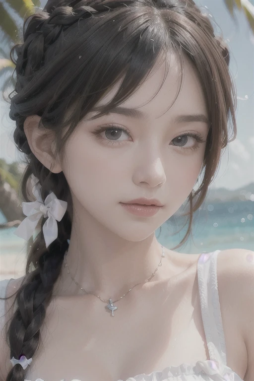 best quality, ultra hi res, photoreaslistic, a photography of a beautiful woman, 30yo teen age, detailed face, black Messy fishtail braid, (detailed porcelain doll,delicate clothes with a lot of frills and ribbons), Beach, (face close up), seductive look, looking at viewer,