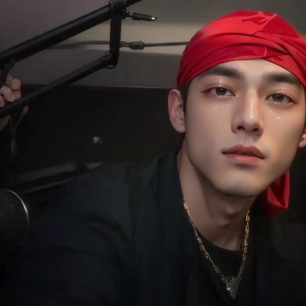there is a man with a red scarf on his head sitting in front of a microphone, he is wearing a red scarf, Taehyung eating Gucci fries, glossy from rain, wearing a red rear-facing cap, wearing a bandana and chain, hyung tae, taken at the beginning of 2020, giga chad crying, he is wearing a red scarf, bandana vermelha