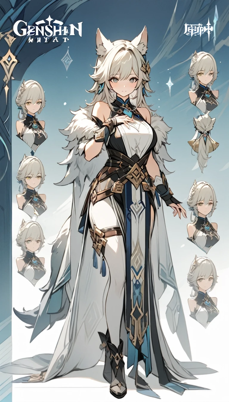 ((masterpiece)), ((best quality)), ((high resolution)), full body, standing, white backgroun, fantasy, genshin clothes, genshin outfit, fantasy theme, large breast, fur mantle, bare shoulders, character sheet, standing, wolf tail, wolf ears, upright pose, looking at the camera