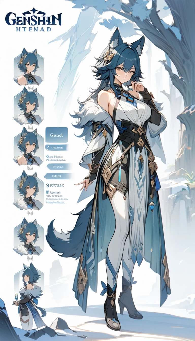 ((masterpiece)), ((best quality)), ((high resolution)), full body, standing, white backgroun, fantasy, genshin clothes, genshin outfit, fantasy theme, large breast, fur mantle, bare shoulders, character sheet, standing, wolf tail, wolf ears, upright pose, looking at the camera