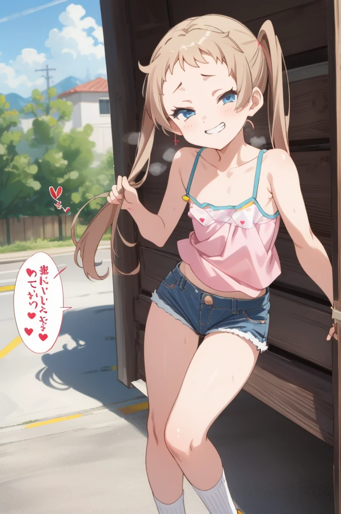 1girl,  sanae dekomori,  speech bubble,,,looking viewer,,spoken heart,6yo,(petite),flat chest,grin,outdoor,camisole,denim shorts,socks,(nsfw)