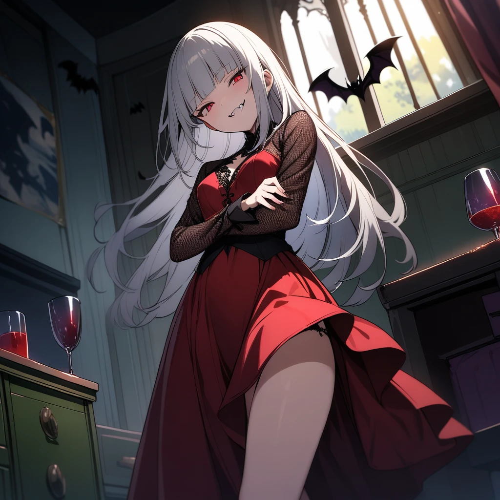 (masterpiece),(best quality),very aesthetic,(ultra-detailed),(illustration),(degenerate),very aesthetic,1girl,16yo,slender,long hair,silver hair,straight hair,disheveled hair,(blunt bangs),red alluring eyes,sleepy,half closed eyes,condescending look,open mouth,grin,An elegant and sophisticated outfit perfect for a party, featuring a dark red long dress with lace accents sleeves,ecstasy,happy,inroom,standing,standing on one leg,head tilt,crossed arms,daytime,Lascivious atmosphere,fantastic atmosphere,Sunlight shining through the window,forest landscape,curtains flutter in the wind,Toxic green colored lace thong,Old furnishings,dusty room,cowboy shot,looking at viewer,fangs, vampire, tomato juice glass, dark fantasy, bat,bat's wings,from below