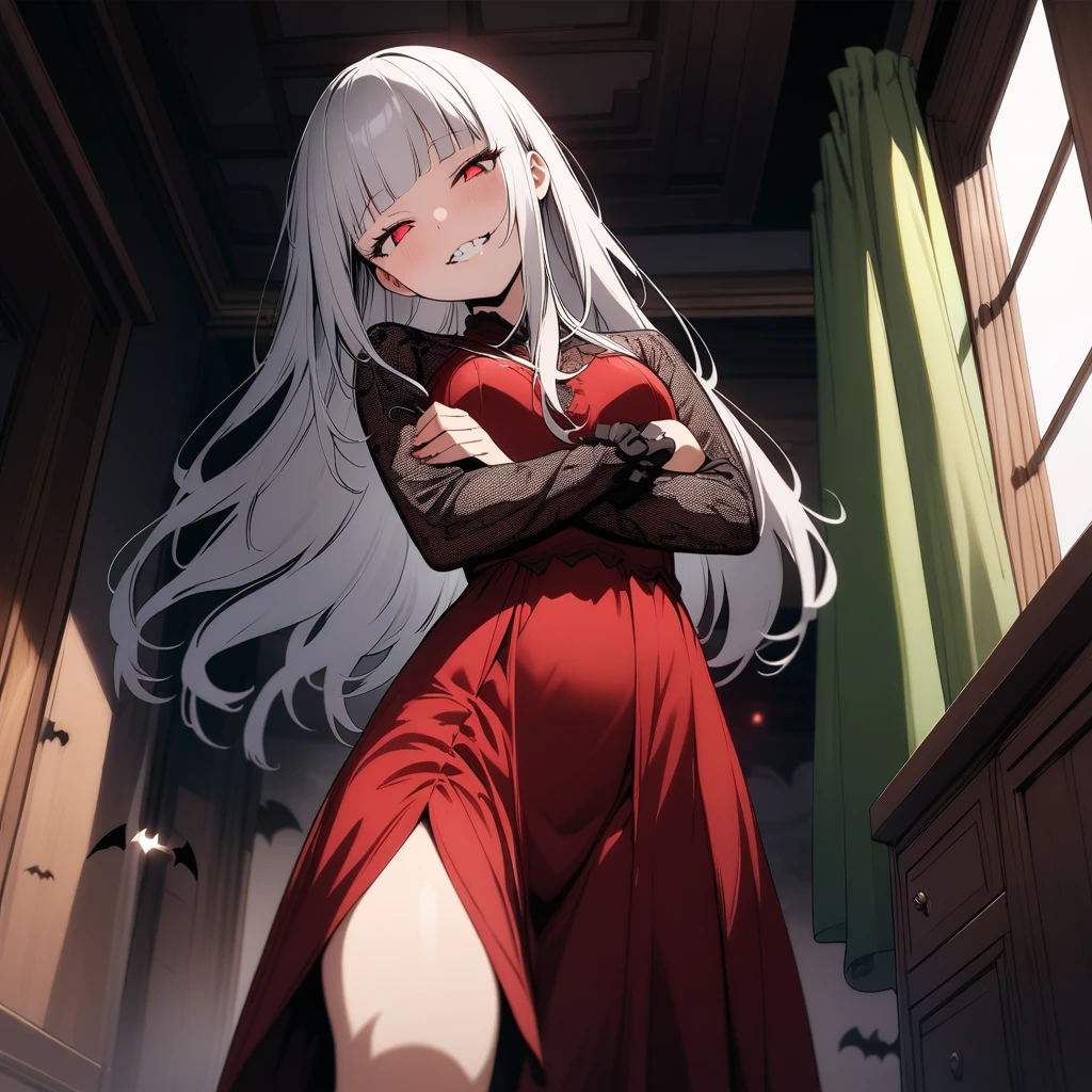 (masterpiece),(best quality),very aesthetic,(ultra-detailed),(illustration),(degenerate),very aesthetic,1girl,16yo,slender,long hair,silver hair,straight hair,disheveled hair,(blunt bangs),red alluring eyes,sleepy,half closed eyes,condescending look,grin,An elegant and sophisticated outfit perfect for a party, featuring a dark red long dress with lace accents sleeves,ecstasy,happy,inroom,standing,standing on one leg,head tilt,crossed arms,daytime,Lascivious atmosphere,fantastic atmosphere,Sunlight shining through the window,forest landscape,curtains flutter in the wind,Toxic green colored lace thong,Old furnishings,dusty room,cowboy shot,looking at viewer,(fangs), vampire, tomato juice glass, dark fantasy, bat,bat's wings,from below