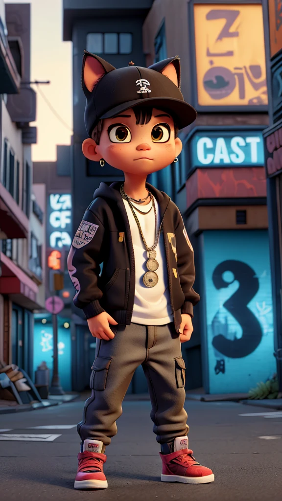Create an image of a baby cat styled as a hip-hop rapper with a street gang appearance. The cat should have a confident and cool demeanor. Dress the cat in loose-fitting pants that sag slightly, and work boots. Add a skull necklace around its neck and an earring in one ear. The overall look should be edgy and urban, blending the cute features of a baby cat with the tough, stylish elements of a street rapper. The background should be a gritty urban setting, such as a graffiti-covered alleyway or a city street at night, to enhance the street gang vibe. The colors should be bold and vibrant, reflecting the dynamic and energetic nature of hip-hop culture.