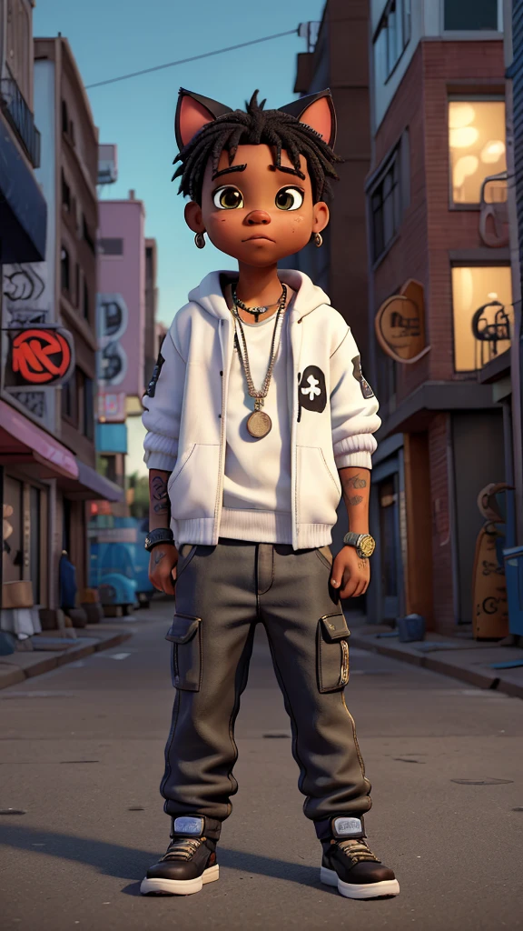 Create an image of a cat styled as a hip-hop rapper with a street gang appearance. The cat should have a confident and cool demeanor. Dress the cat in loose-fitting pants that sag slightly, and work boots. Add a skull necklace around its neck and an earring in one ear. The overall look should be edgy and urban, blending the cute features of a baby with the tough, stylish elements of a street rapper. The background should be a gritty urban setting, such as a graffiti-covered alleyway or a city street at night, to enhance the street gang vibe. The colors should be bold and vibrant, reflecting the dynamic and energetic nature of hip-hop culture.