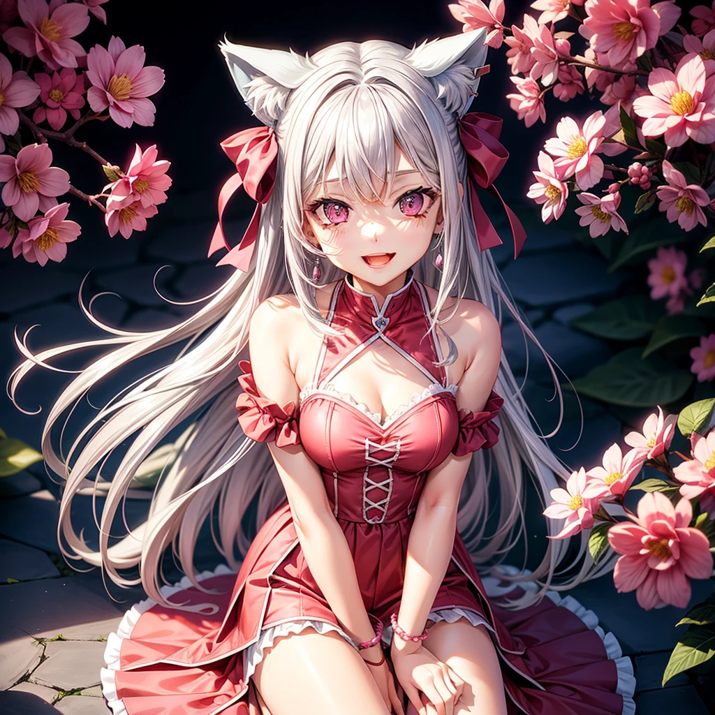 Silver hair, pink eyes, body, cat ears, sexy girl, earrings, flower sky background, pink red uniform, hair bows, sit down, happy face