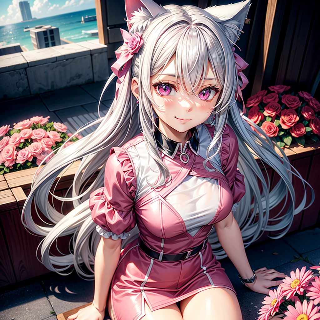 Silver hair, pink eyes, body, cat ears, sexy girl, earrings, flower sky background, pink red uniform, hair bows, sit down, happy face