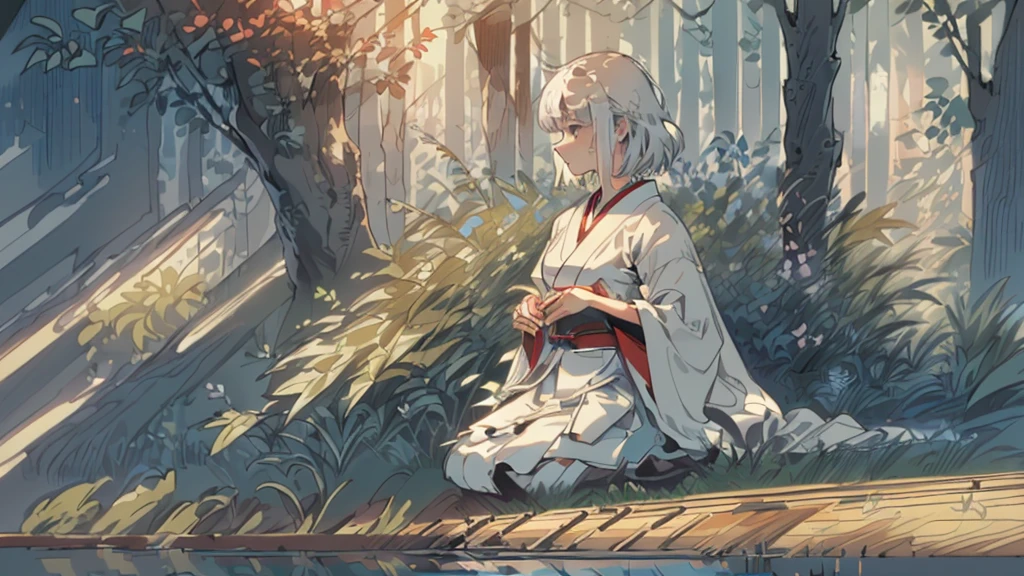 (Numerous award-winning masterpieces, with incredible details), Ultra HD, 8K, (A majestic sight), short white hair, anatomic, (realistic body: 1.8), (1girl standing in), (summer wooden house: 1.5), (one girl sitting in the garden: 1.5), japanese cutie, japanese school girl, fantasy deep background, dynamic pose, looking afar, extreamly detailed robe