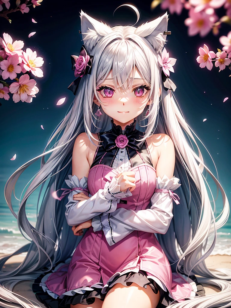 Silver hair, pink eyes, body, cat ears, sexy girl, earrings, flower sky background,pink blue uniform, hair bows, sit down, happy face