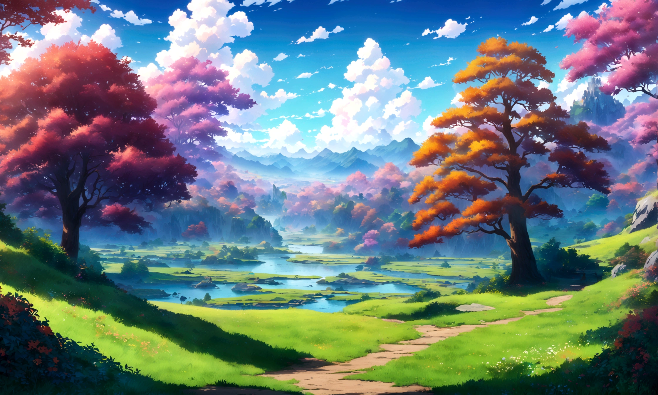 anime - style painting of a grassy field, anime countryside landscape, anime landscape, anime landscape wallpaper, anime background art, beautiful anime scenery, anime background, anime beautiful peace scene, anime scenery, anime movie background, anime nature, anime scenery concept art, colorful anime movie background, beautiful anime scene, anime scene, beautiful landscape background,anime art wallpaper 8 K beautiful anime scene, beautiful puffy clouds. anime, 4 K highly detailed digital art