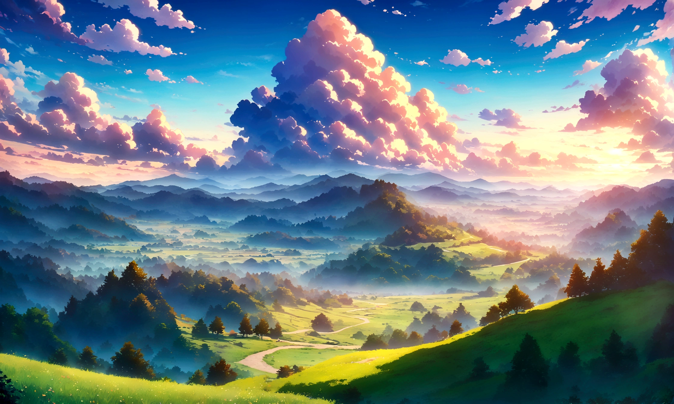 
anime - style painting of a grassy field, anime countryside landscape, anime landscape, anime landscape wallpaper, anime background art, beautiful anime scenery, anime background, anime beautiful peace scene, anime scenery, anime movie background, anime nature, anime scenery concept art, colorful anime movie background, beautiful anime scene, anime scene, beautiful landscape background,anime art wallpaper 8 K beautiful anime scene, beautiful puffy clouds. anime, 4 K highly detailed digital art
